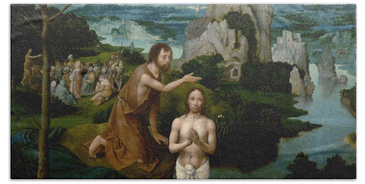 Joachim Patinir Beach Towel featuring the painting The Baptism of Christ by Joachim Patinir