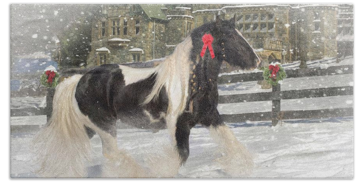 Christmas Beach Towel featuring the mixed media The Christmas Pony by Fran J Scott