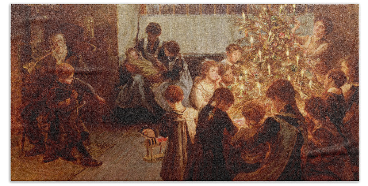 Victorian Sentiment Beach Towel featuring the painting The Christmas Tree by Albert Chevallier Tayler