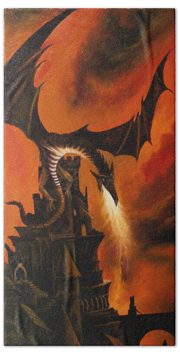Fantasy; James Christopher Hill; James Hill Gallery; Red; Sunrise; Sunset; Power; Glory; Cloudscape; Skyscape; Purple; Blue; Landscape; Mid-evil; Storm; Tornado; Lightning; Dragon; Sky; Gothic; Castle; Germany Beach Towel featuring the painting The Dragon's Tower by James Hill