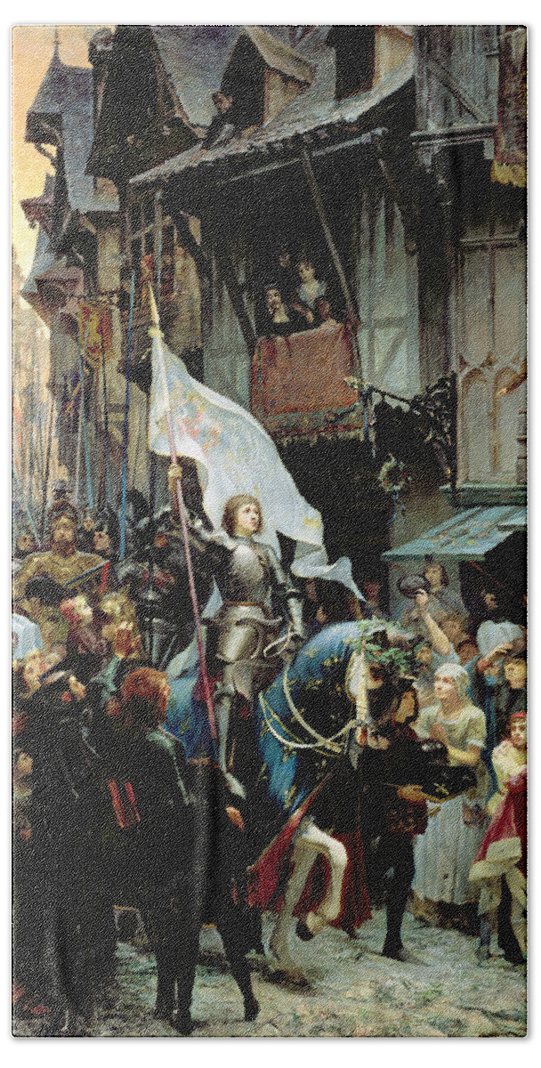 Joan Of Arc Beach Towel featuring the painting The Entrance Of Joan Of Arc into Orleans by Jean-Jacques Scherrer