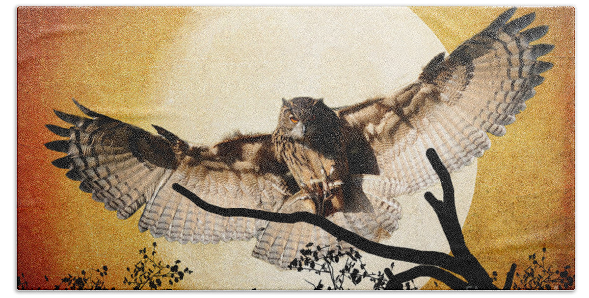 Textures Beach Towel featuring the photograph The Eurasian Eagle Owl And The Moon by Kathy Baccari