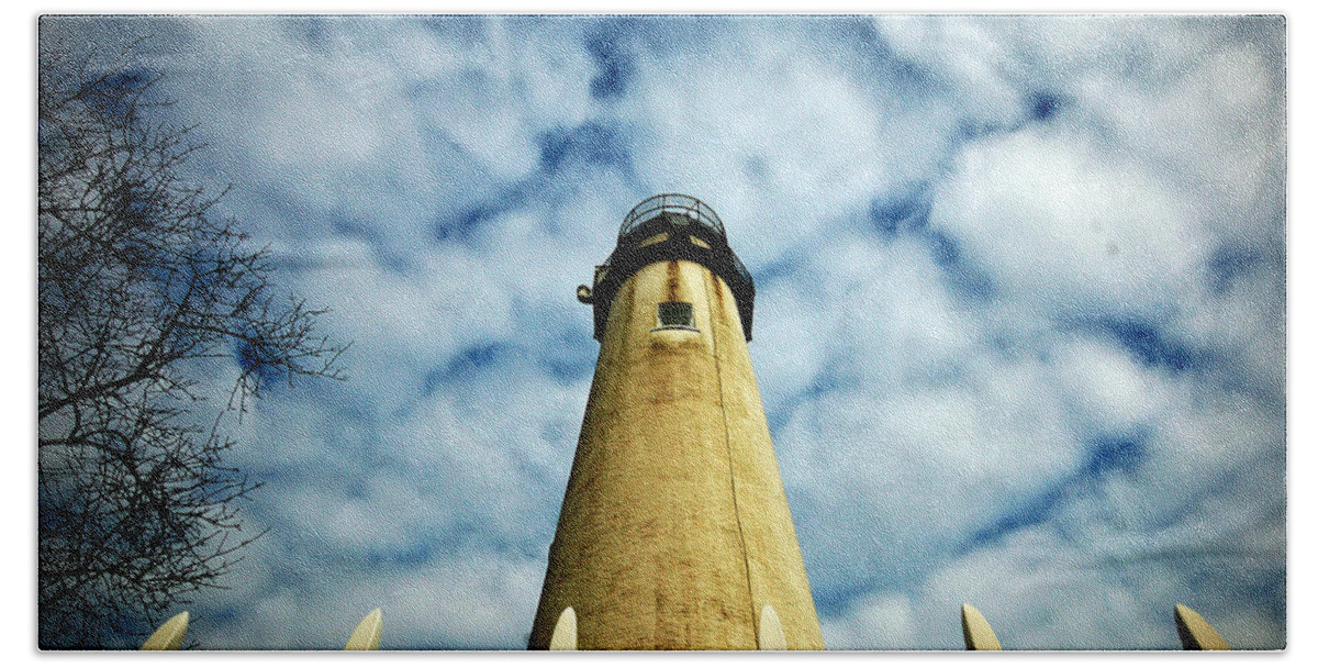 Lighthouse Beach Sheet featuring the photograph The Fenwick Light and a Mackerel Sky by Bill Swartwout