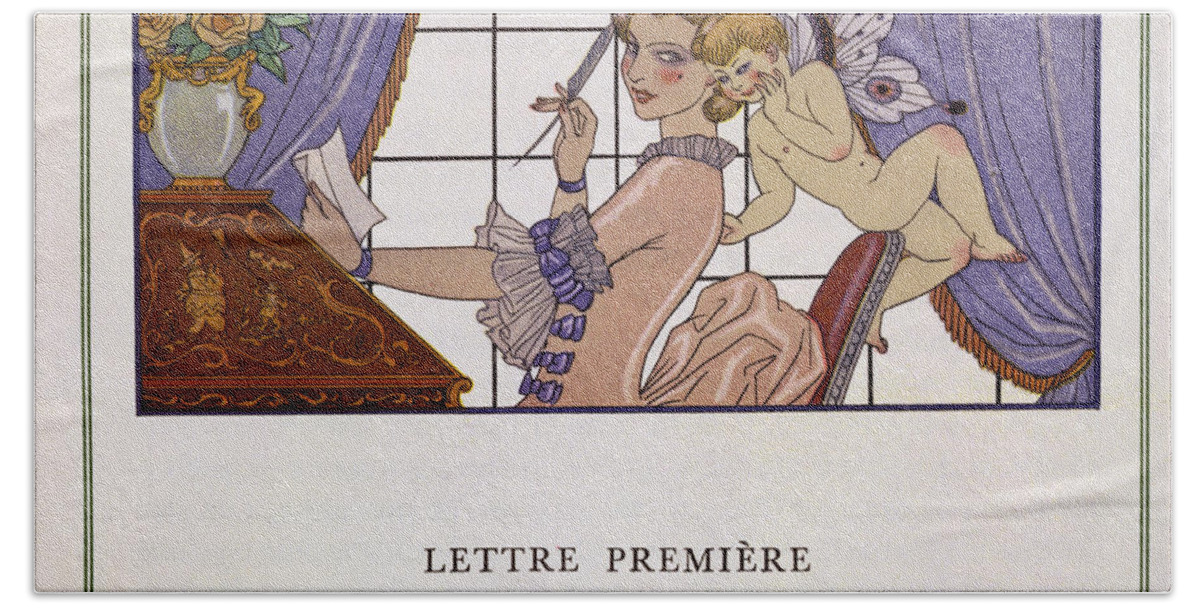 Lettre Premiere Beach Towel featuring the painting The First Letter by Georges Barbier