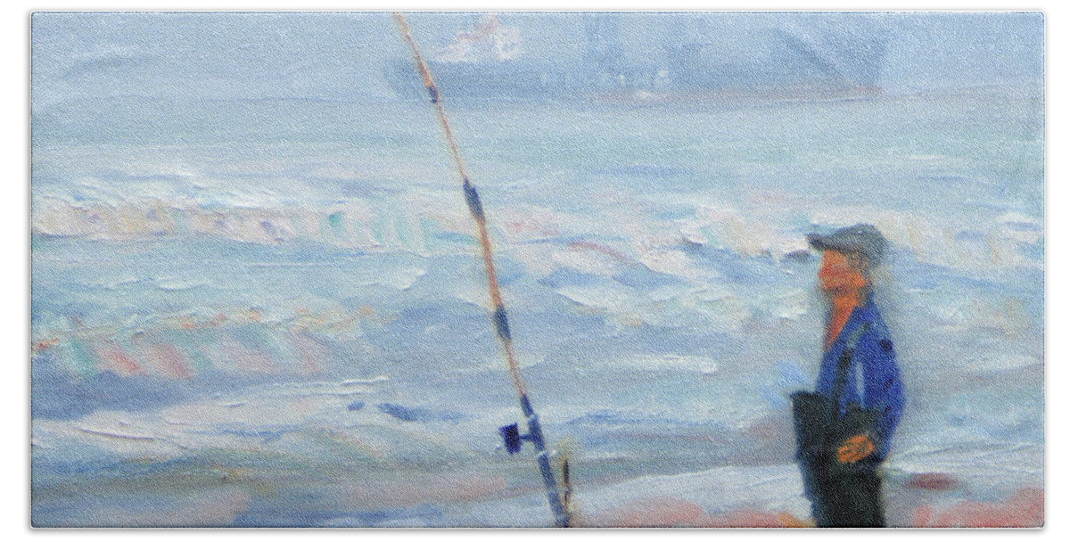 Painting Beach Sheet featuring the painting The Fishing Man by Michael Daniels