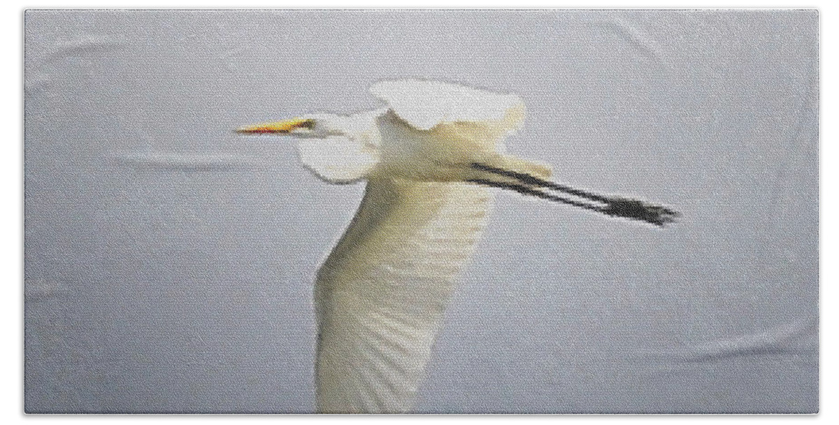 Great Egret Beach Towel featuring the photograph The Flight of the Great Egret with the Stained Glass Look by Verana Stark