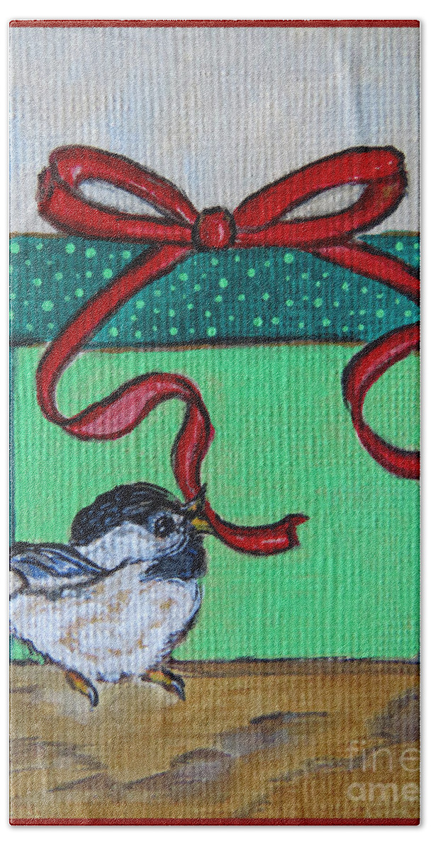 Christmas Beach Towel featuring the painting The Gift - Christmas Chickadee Whimsical Painting by Ella by Ella Kaye Dickey