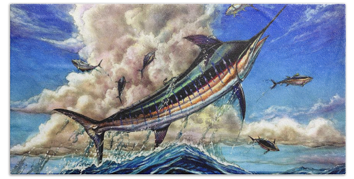 Blue Marlin Beach Towel featuring the painting The Grand Challenge Marlin by Terry Fox