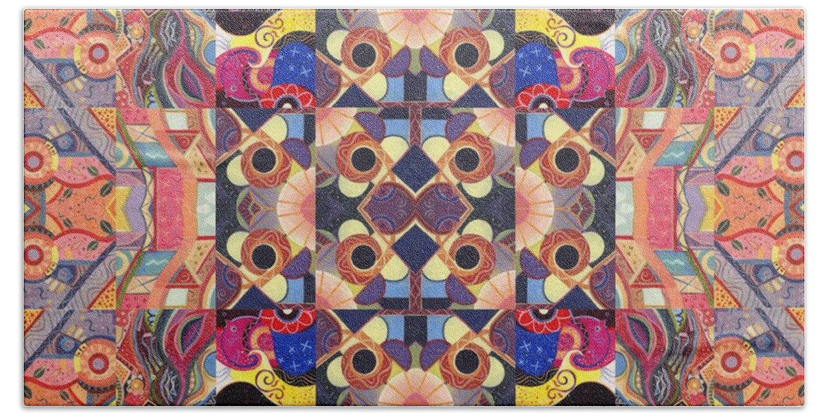 Abstract Beach Towel featuring the painting The Joy of Design Mandala Series Puzzle 4 Arrangement 9 by Helena Tiainen