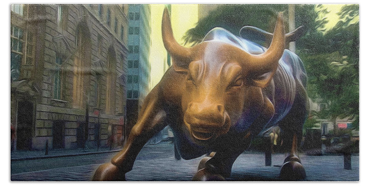 Charging Bull Statue At Bowling Green Is A Symbol Of The Perseverance Of The American People Beach Sheet featuring the painting The Landmark Charging Bull In Lower Manhattan 2 by Jeelan Clark