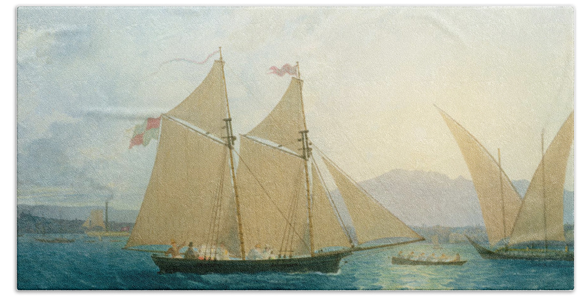Boat; Boats; Sails; Sailing; Rowing; Flag; Yacht; Yachting; Boating; Mountains; Swiss City; Switzerland; Launching Beach Towel featuring the painting The Launch La Sociere on the Lake of Geneva by Francis Danby