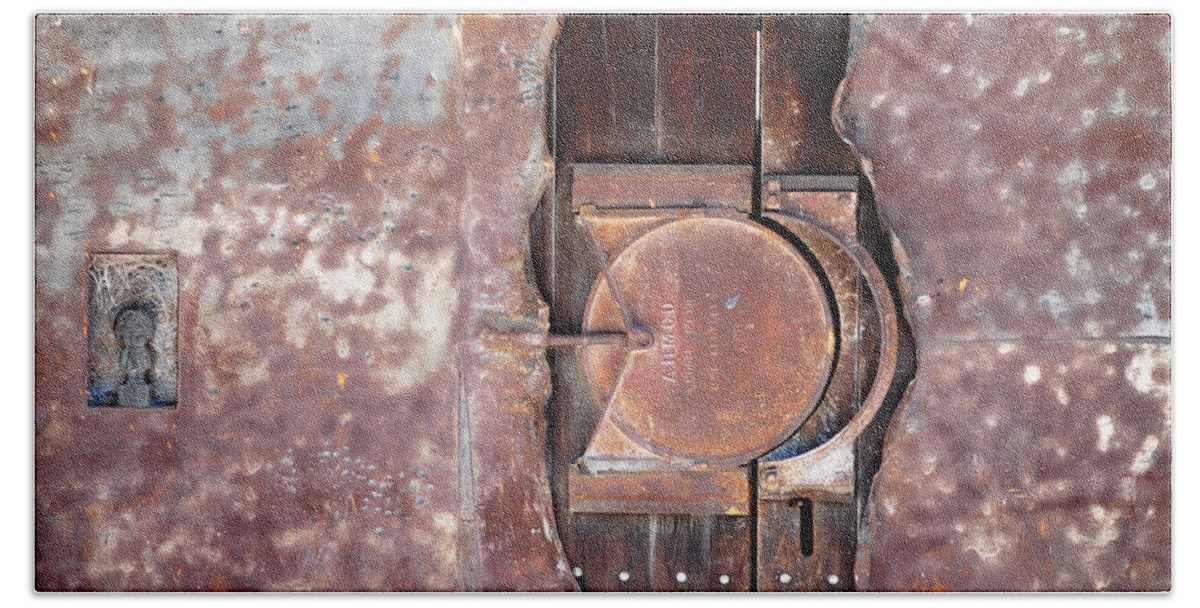 Lock Locking Mechanism Old Rusted Pounded Metals Metal Door Doors Amco Chico Ca California Art Dept Beach Sheet featuring the photograph The Lockdown by Holly Blunkall