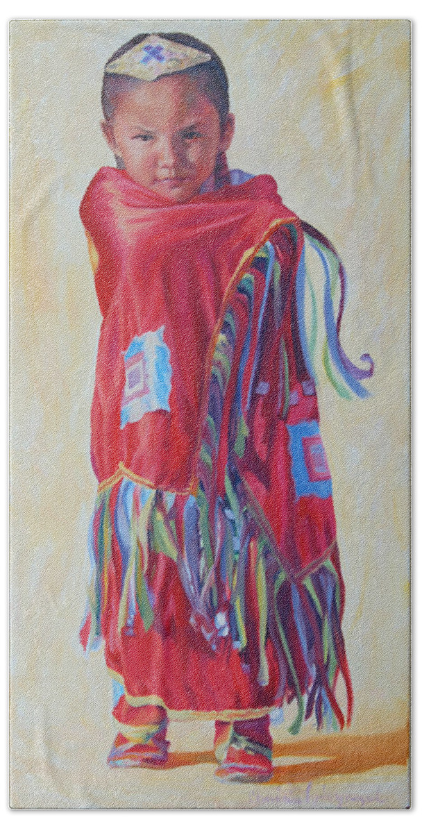 Native American Beach Towel featuring the painting The March of Red Butterfly by Christine Lytwynczuk
