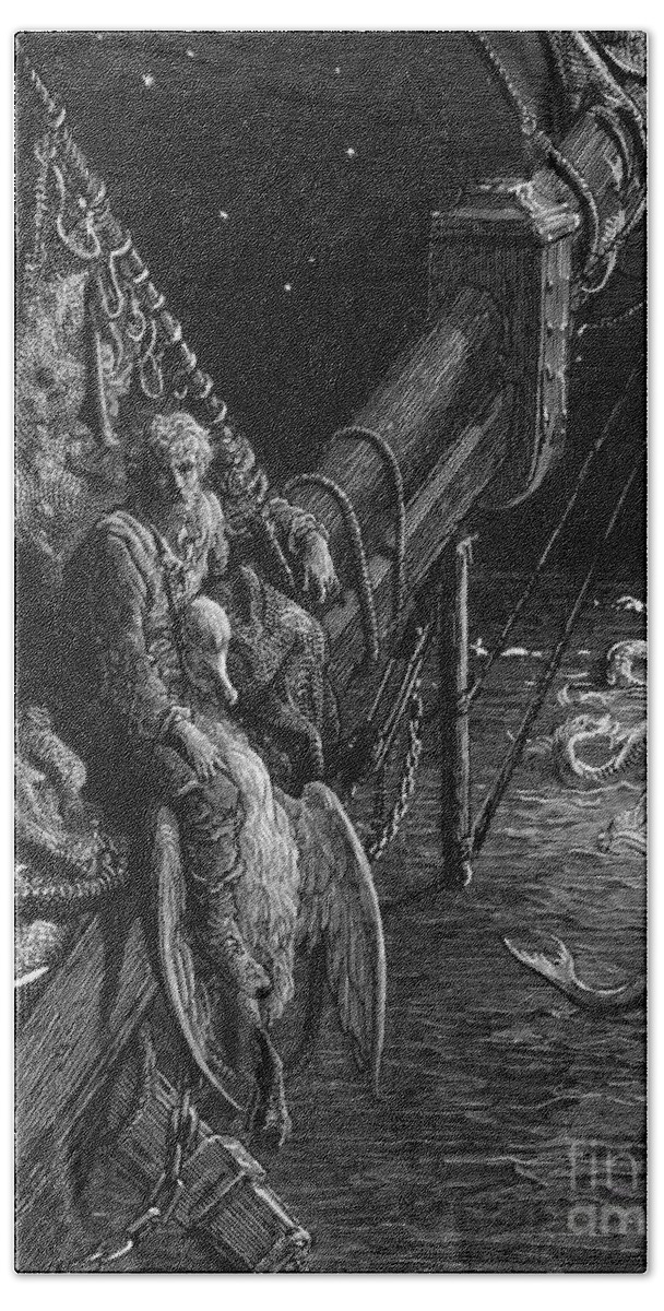 Albatross; Sailor; Vessel; Ship; Sea; Snake; Serpent; Dore Beach Sheet featuring the drawing The Mariner gazes on the serpents in the ocean by Gustave Dore