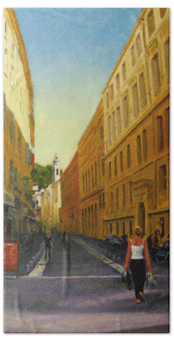 Nice Beach Towel featuring the painting The Morning's Shopping in Vieux Nice by Connie Schaertl