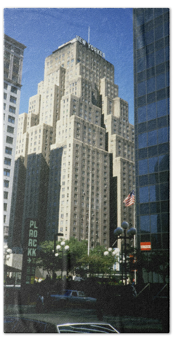 New Yorker Beach Towel featuring the photograph The New Yorker Hotel in 1984 by Gordon James