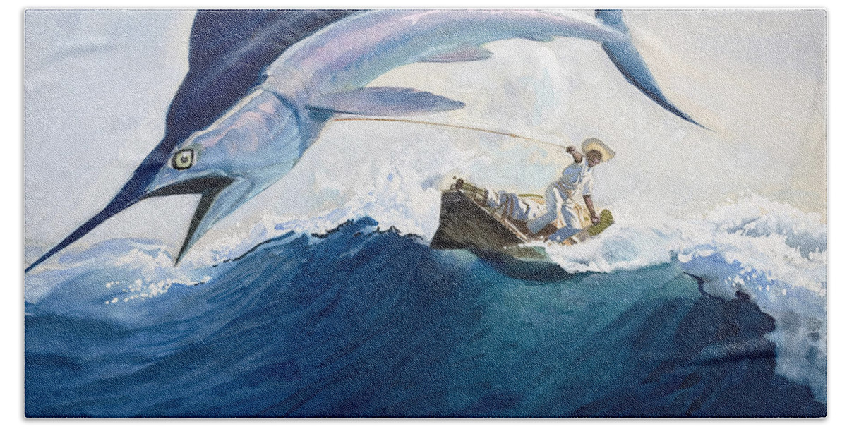 The Beach Towel featuring the painting The Old Man and the Sea by Harry G Seabright