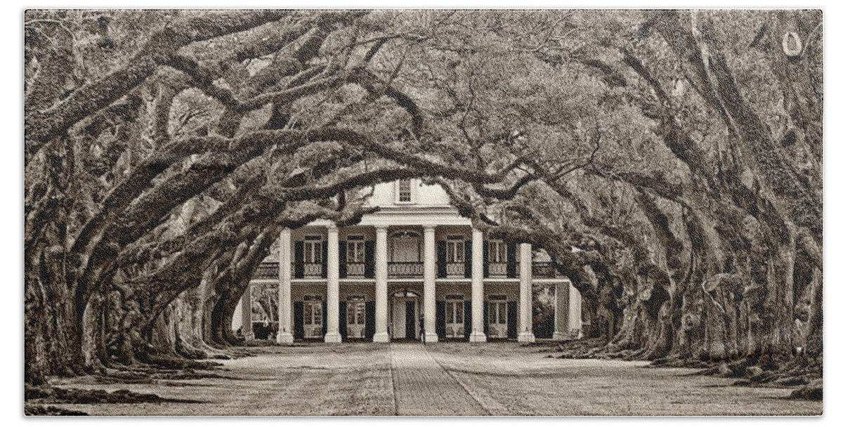 Oak Alley Plantation Beach Towel featuring the photograph The Old South sepia by Steve Harrington