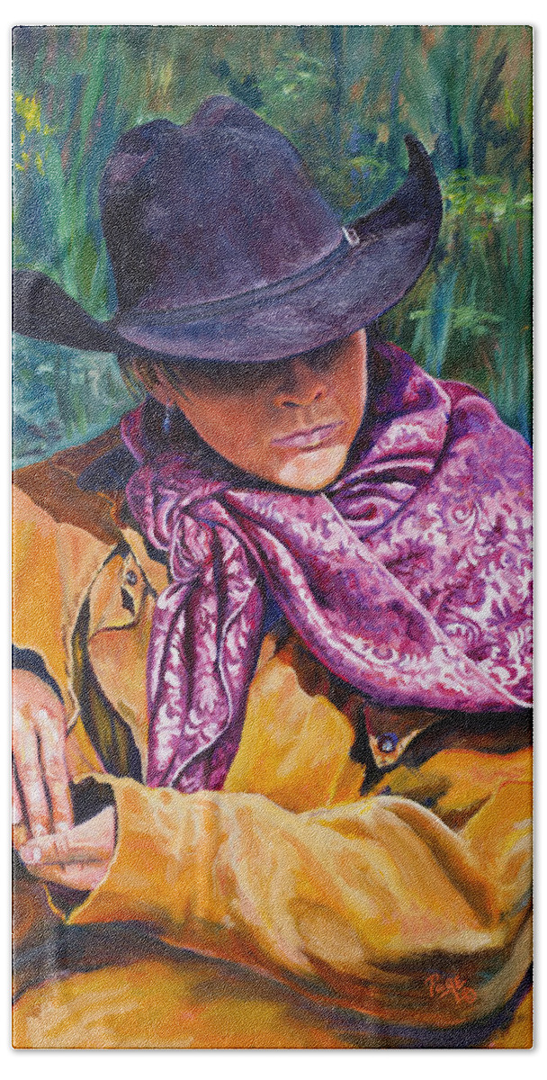 Cowboy Beach Towel featuring the painting The Purple Scarf by Page Holland