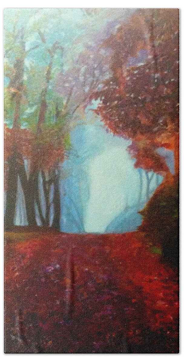 Mist Beach Sheet featuring the painting The Red Cathedral - A Journey of Peace and Serenity by Belinda Low
