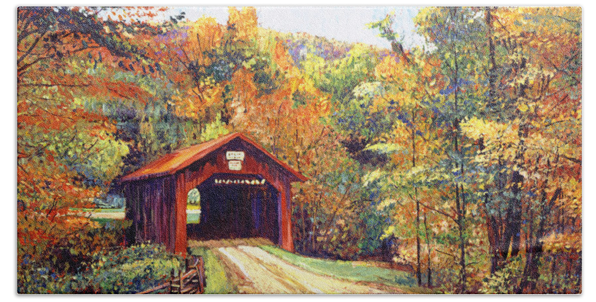 #faatoppicks Beach Towel featuring the painting The Red Covered Bridge by David Lloyd Glover