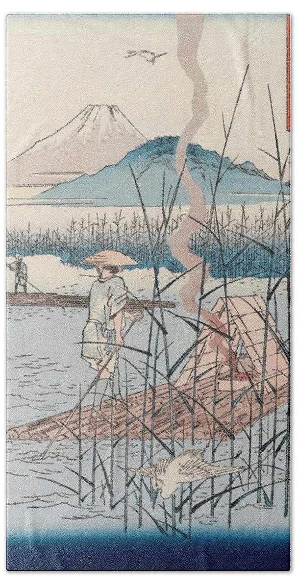 1858 Beach Towel featuring the painting The Sagami River by Utagawa Hiroshige