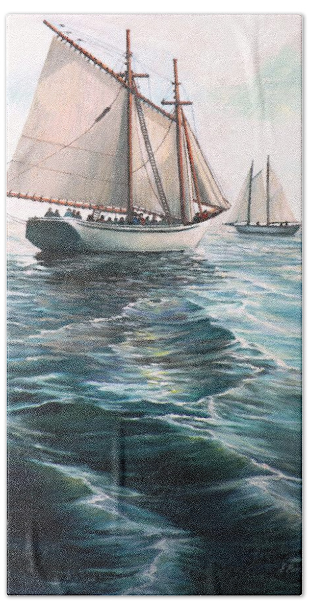 Ocean Beach Sheet featuring the painting The Schooners by Eileen Patten Oliver