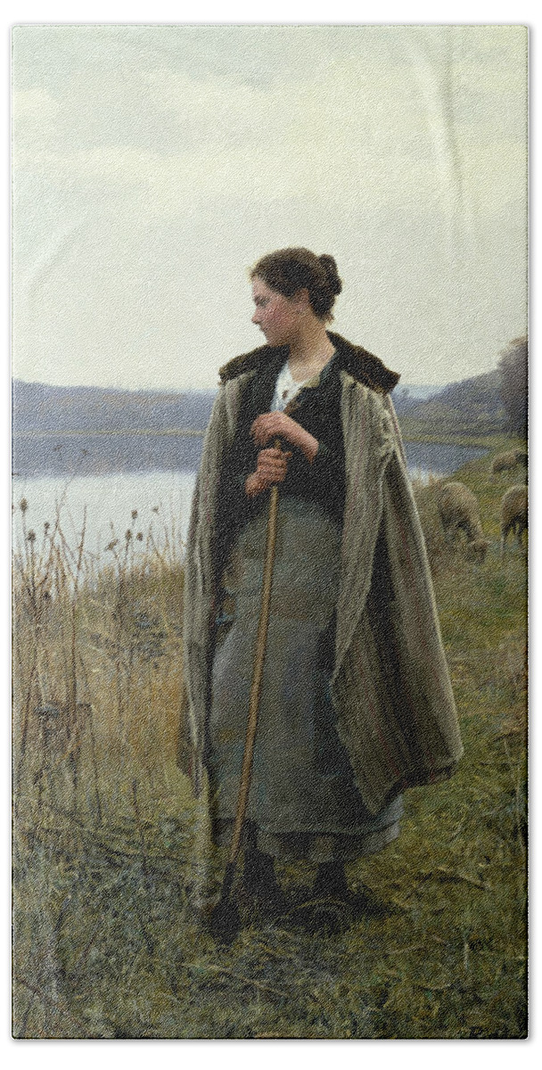 Daniel Ridgway Knight Beach Towel featuring the painting The Shepherdess of Rolleboise by Daniel Ridgway Knight