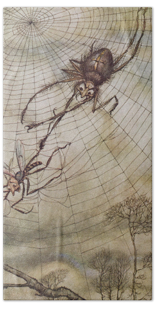 The Spider And The Fly Beach Towel featuring the painting The Spider and the Fly by Arthur Rackham