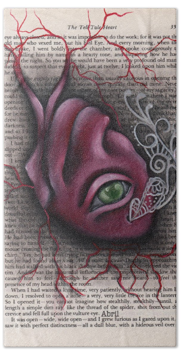 Edgar Allan Poe Beach Towel featuring the painting The Tell Tale Heart by Abril Andrade