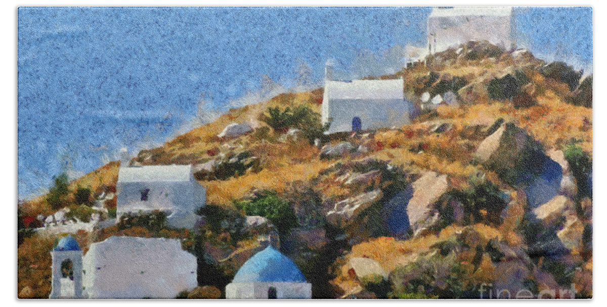 Ios Beach Sheet featuring the painting The top of Ios town by George Atsametakis