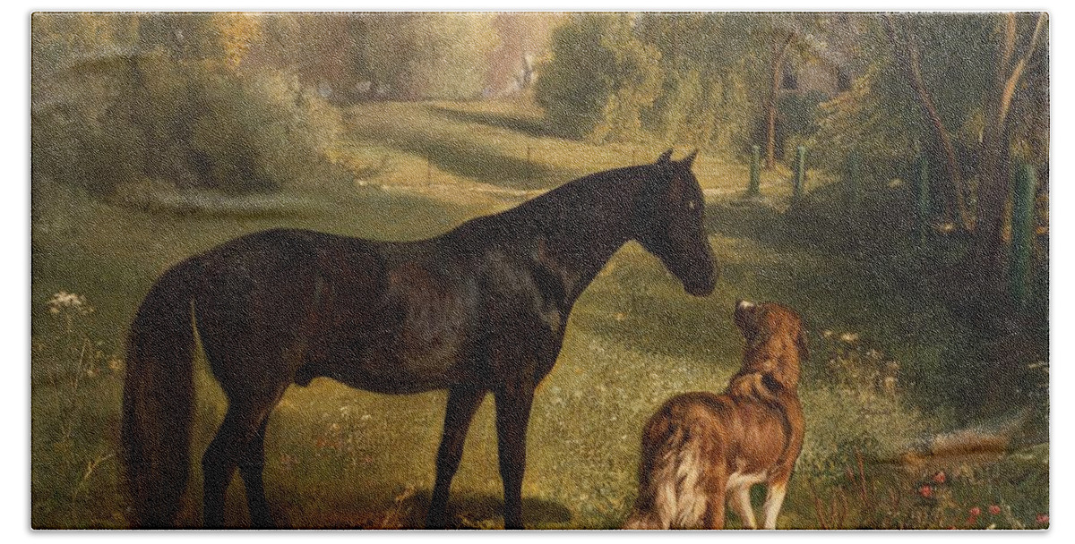 Black Horse Beach Towel featuring the painting The two friends by Adam Benno