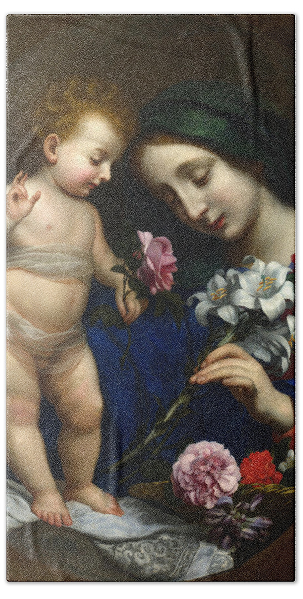 After Carlo Dolci Beach Towel featuring the painting The Virgin and Child with Flowers by After Carlo Dolci