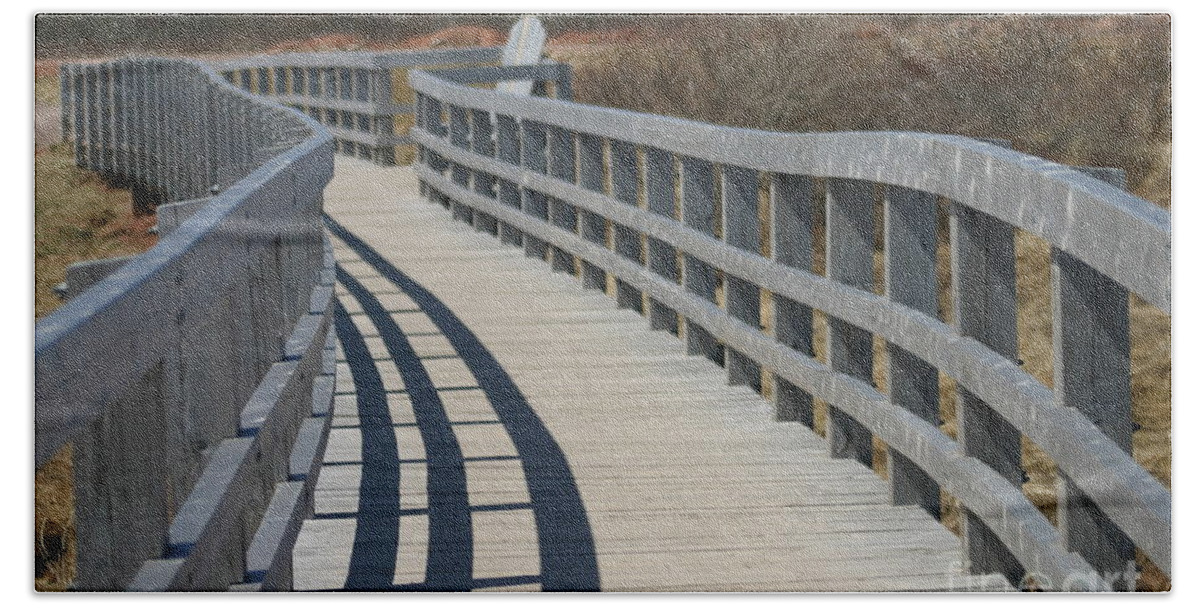  Waterfront Beach Towel featuring the mixed media The Walkway by Art MacKay