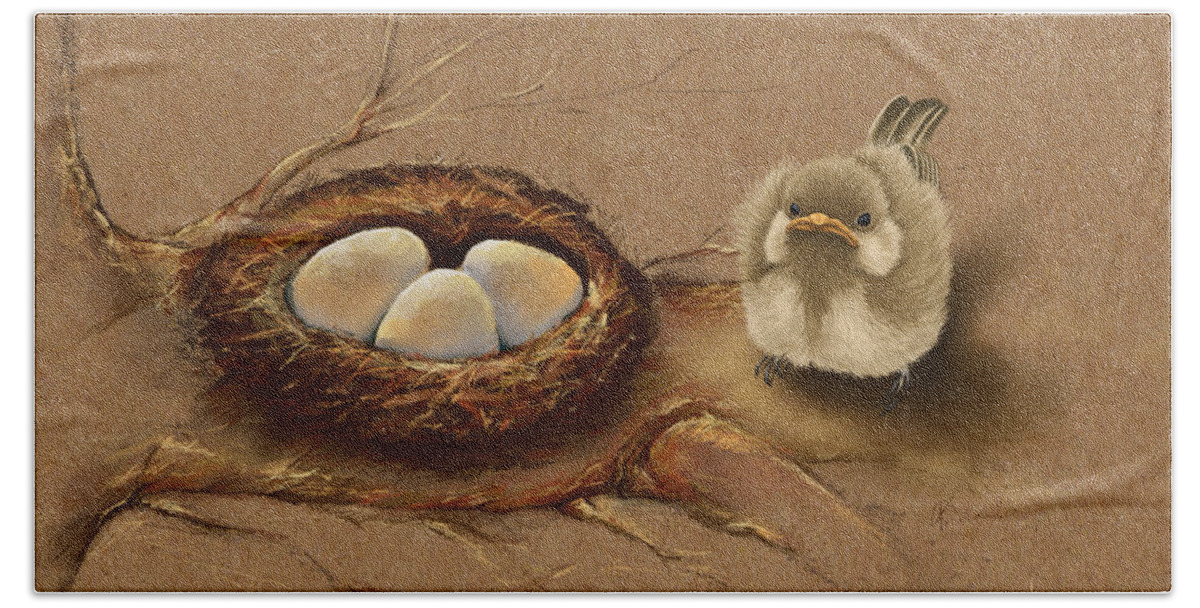 Bird Beach Sheet featuring the painting This is my nest? by Veronica Minozzi