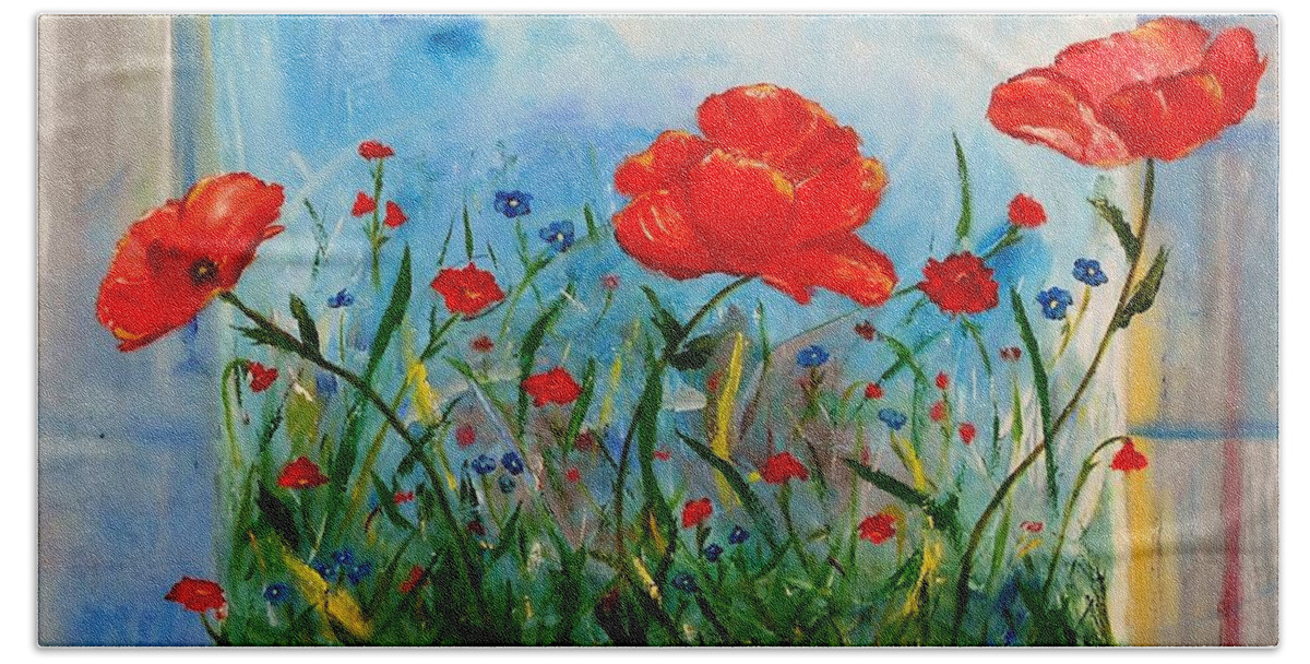Poppy Beach Towel featuring the painting Three Big Poppies by Jamie Frier