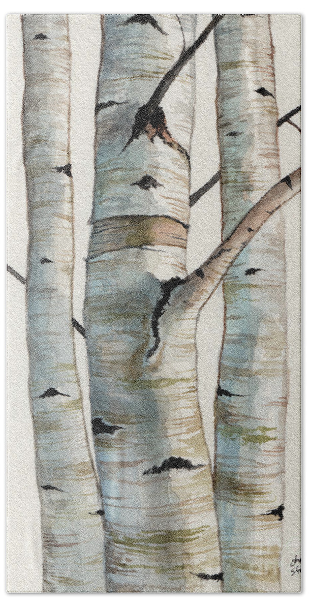 Birch Beach Towel featuring the painting Three Birch Trees by Christopher Shellhammer