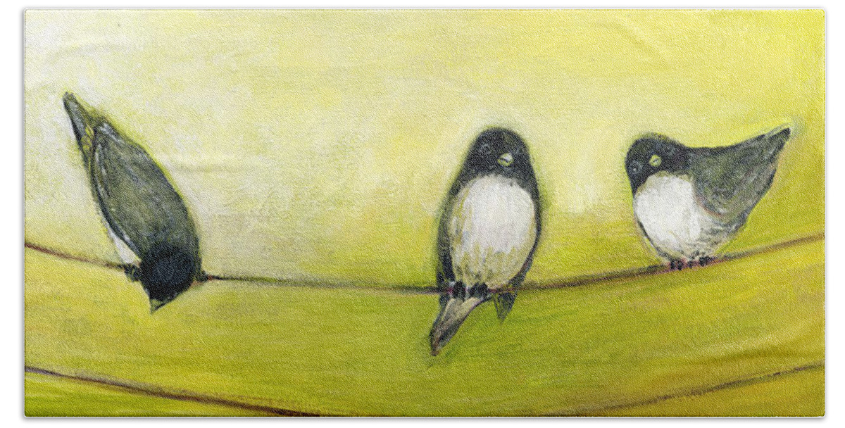 Bird Beach Towel featuring the painting Three Birds on a Wire No 2 by Jennifer Lommers