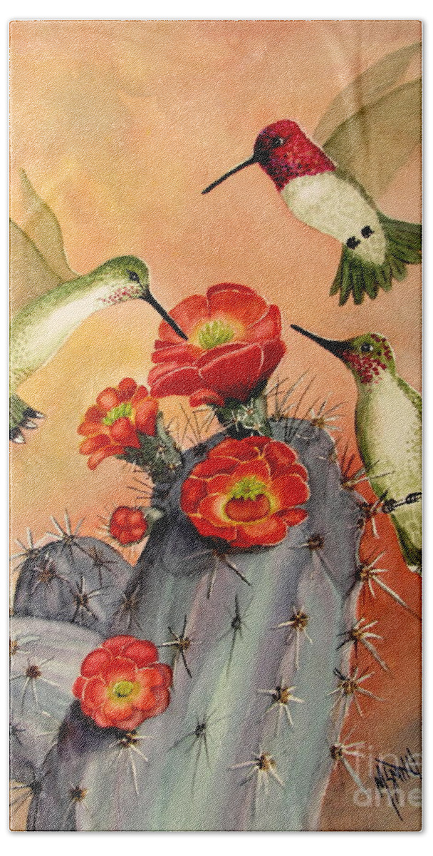 Hummingbirds Beach Sheet featuring the painting Three For Breakfast by Marilyn Smith