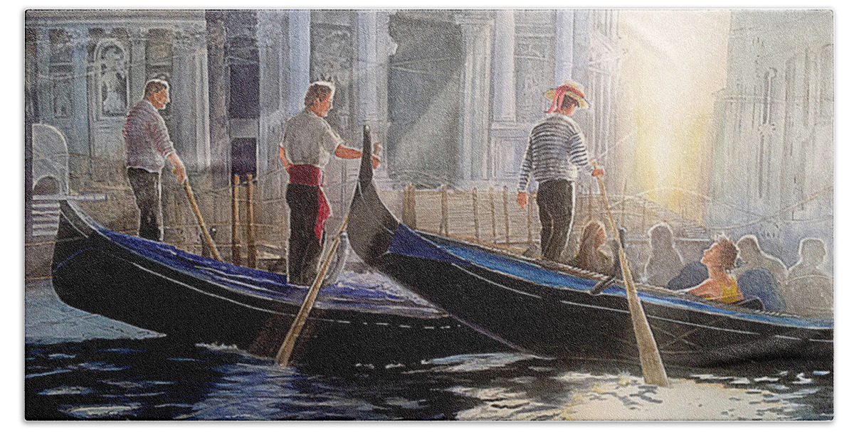 Art Beach Towel featuring the painting Three Gondoliers by Carolyn Coffey Wallace