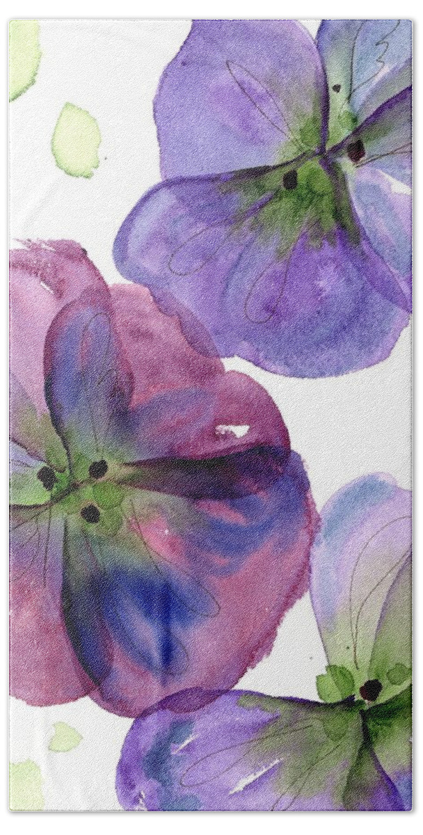 Watercolor Beach Towel featuring the painting Three Pansies by Dawn Derman