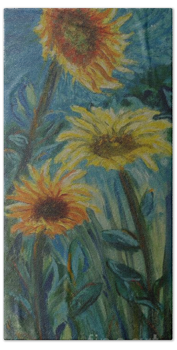 Flowers Beach Sheet featuring the painting Three Sunflowers - Sold by Judith Espinoza