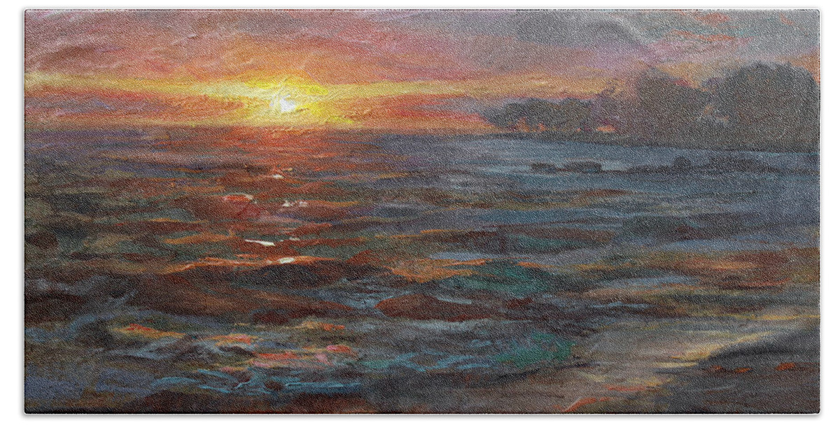 Hawaii Beach Towel featuring the painting Through The Vog - Hawaii Beach Sunset by K Whitworth