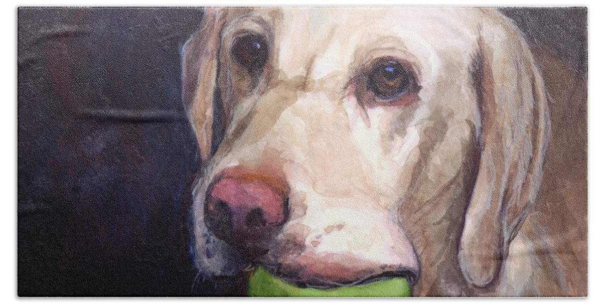 Yellow Labrador Retriever Beach Towel featuring the painting Throw the Ball by Molly Poole