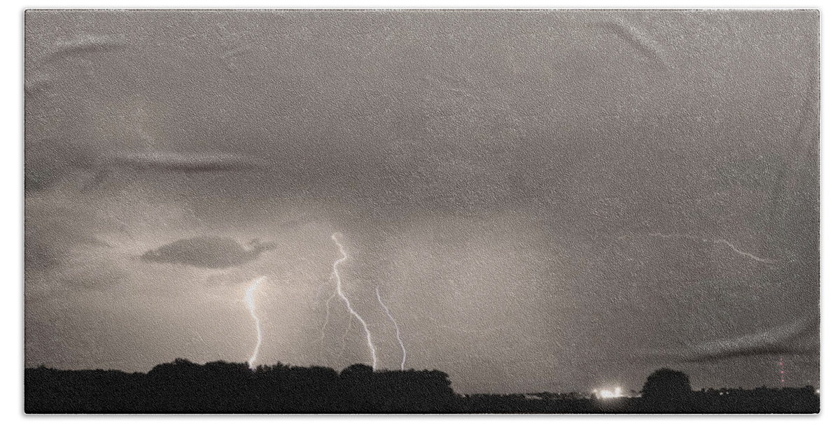 Lightning Beach Towel featuring the photograph Thunder Rolls And Lightning Strikes Sepia by James BO Insogna