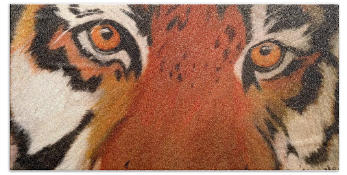 Tiger Face Beach Towel featuring the pastel Tiger Eyes by Renee Michelle Wenker