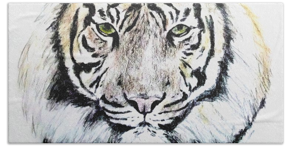 Tiger Beach Towel featuring the drawing Tiger Portrait by Jim Fitzpatrick