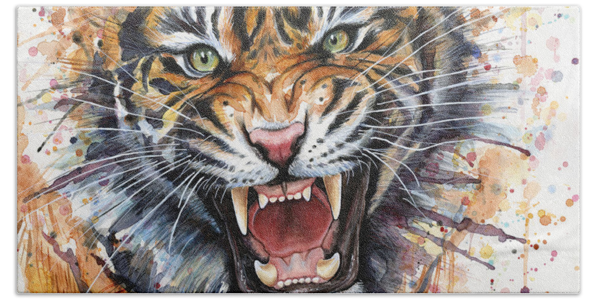 Watercolor Beach Towel featuring the painting Tiger Watercolor Portrait by Olga Shvartsur