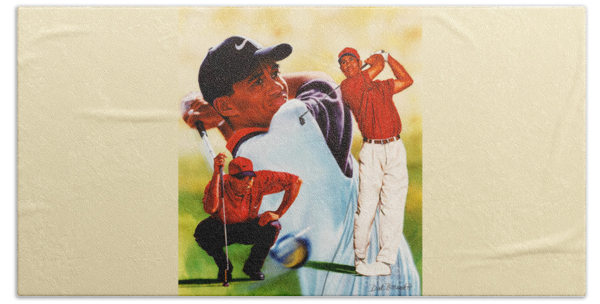 Sports Beach Towel featuring the painting Tiger Woods by Dick Bobnick
