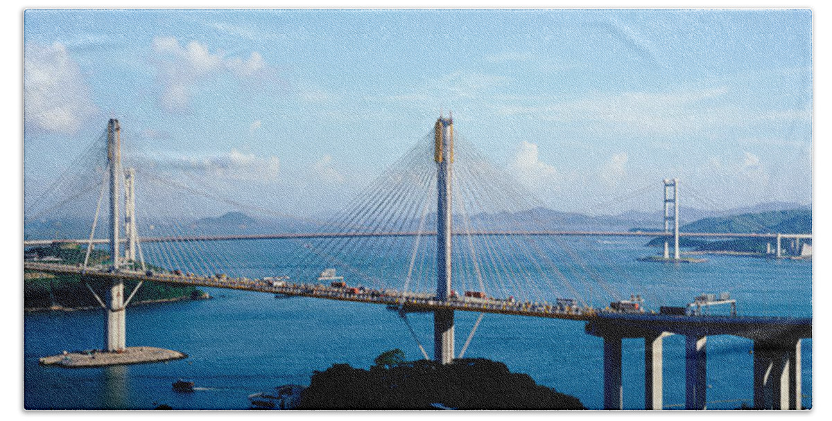 Photography Beach Towel featuring the photograph Ting Kaw & Tsing Ma Bridge Hong Kong by Panoramic Images